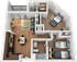 Modern 3D floor plan showcasing two bedrooms, two bathrooms, an open-concept living and dining area, and a sleek kitchen, complete with private balcony access.