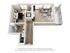 Contemporary 1-bedroom apartment floor plan with an open living area, modern kitchen, and private balcony.