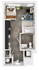 Contemporary studio apartment floor plan featuring an open living area, cozy sleeping nook, modern kitchen, and a sleek bathroom.
