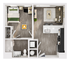 Contemporary 2D floor plan showcasing 1 bedroom, open living and dining area, modern kitchen, and bathroom.