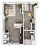 Modern 2D floor plan featuring 1 bedroom, a sleek open-concept kitchen, and a cozy living area with stylish furnishings.