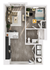 Modern 2D floor plan featuring one bedroom, cozy living area, sleek kitchen with breakfast bar, and well-appointed bathroom.