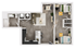 Chic apartment floor plan showcasing a modern open-concept living area, two cozy bedrooms, and a sleek kitchen design.