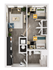 Modern floor plan showcasing 2 bedrooms, a cozy living room, and a sleek kitchen for comfortable urban living.