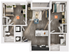 Modern floor plan showcasing 2 bedrooms labeled A and B, an elegant open-concept living area, sleek kitchen, and two stylish bathrooms.