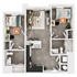Modern 2D floor plan showcasing 2 bedrooms, a stylish living area, and a sleek kitchen design.
