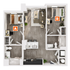Modern floor plan featuring two bedrooms labeled A and B, open-concept living area, and sleek kitchen with island seating.