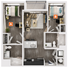 Modern 2D floor plan showcasing 2 spacious bedrooms, a sleek open-concept living room, and a contemporary kitchen.