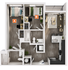 Modern 2D floor plan showcasing 2 stylish bedrooms, a spacious living area, a well-equipped kitchen, and a sleek bathroom layout.
