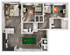 Modern 2D floor plan showcasing 2 bedrooms, open-concept kitchen, elegant living area with pool table, and 2 stylish bathrooms.
