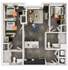 Modern apartment floor plan with three bedrooms, a central cozy living area, and a sleek kitchen island, designed for comfort and style.