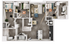 Modern 3-bedroom apartment floor plan with an open-concept living area, stylish kitchen, and two bathrooms.
