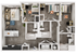 Modern apartment floor plan showcasing 3 bedrooms, open living area, sleek kitchen with island, and two stylish bathrooms.