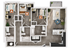 Modern 3D floor plan showcasing 3 bedrooms, a cozy living area, and an elegant kitchen with a breakfast bar, perfect for stylish living.