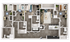 Modern 4-bedroom floor plan with elegant wood flooring, spacious living area, and a sleek kitchen island, ideal for family living.