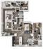 Modern floor plan featuring four bedrooms, two bathrooms, and an open-concept kitchen with a stylish living area.