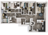 Modern floor plan featuring 4 bedrooms, 2 bathrooms, a spacious living room, and a sleek kitchen with island seating.