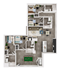 Sophisticated floor plan illustrating 3 bedroom apartment with sleek open-plan kitchen, modern dining area, and elegant living space featuring a pool table.