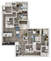 Contemporary 3D floor plan featuring four bedrooms, open-concept living area, modern kitchen with island, and two bathrooms. Stylish and spacious layout with ample natural light and elegant wood flooring.