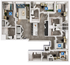Contemporary floor plan showcasing 5 bedrooms, inviting open-concept living area, sleek kitchen with island, and multiple modern bathrooms.