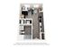 Chic 3D floor plan showcasing a cozy one-bedroom apartment with open-concept living area, modern kitchen, and convenient washer-dryer unit.