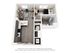 Modern 1-bedroom apartment floor plan featuring an open kitchen with island, cozy living room, and elegant bathroom.