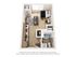 Modern studio apartment floor plan featuring a cozy bedroom, stylish living area, sleek kitchen, and compact bathroom; includes in-unit washer/dryer.