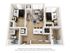 Modern 3D floor plan featuring two cozy bedrooms, a chic living area with natural light, a contemporary kitchen with a breakfast bar, and a sleek bathroom layout.