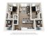 Contemporary 3D floor plan featuring 2 bedrooms, a chic living room, and a modern kitchen with island seating.