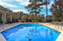 Inviting outdoor pool surrounded by lush greenery and relaxing lounge chairs.
