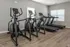 Contemporary fitness room with ellipticals and treadmills on sleek wooden flooring.