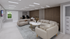Sophisticated modern living room with plush beige sofas, elegant coffee tables, and sleek workspace, complemented by natural light and chic decor.