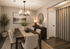 Elegant dining room with a modern chandelier, stylish decor, and a wooden table for a welcoming atmosphere.