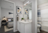 Modern apartment bathroom with sleek vanity, stylish artwork, and a cozy glimpse into a well-appointed bedroom.