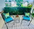 Charming outdoor patio with lush greenery, featuring two stylish chairs and a table on a cozy checkered rug.