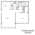 Chic 745 sq. ft. floor plan of Corder Crossing with 1 bedroom, 1 bath, and a garden view.