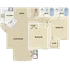 Modern floor plan showcasing 2 bedrooms, spacious living and dining area, dual bathrooms, and a sleek kitchen. Ideal for comfortable living.