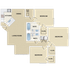 Modern floor plan featuring 3 bedrooms, open living and dining area, spacious kitchen, and 2 bathrooms with closets for ample storage.