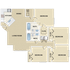 Inviting floor plan featuring three generous bedrooms, open living and dining area, modern kitchen, and two stylish bathrooms.