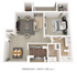 Modern 3D floor plan featuring 1 bedroom and 1 bathroom, spacious living area with elegant furniture, open kitchen and dining space, 815 sq ft of stylish design.