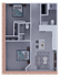 Modern apartment floor plan featuring 2 cozy bedrooms, a sleek bathroom, an open-concept living and dining area, and a compact, stylish kitchen design. Perfect for contemporary living.