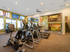Fitness center cardio machines. One bike, two elipticals, two treadmills, and one row machine. Large window showing children's playroom. Three television screens. and exercise balls
