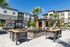 Modern apartment complex with vibrant courtyard featuring lush palm trees, stylish lounge chairs, and a stone waterfall under a clear blue sky.