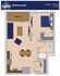 Charming 1 bed, 1 bath Backwoods apartment floor plan featuring a cozy living area, dining space, modern kitchen, and private balcony within 613 sq ft.
