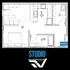 Efficient studio floor plan showcasing an open living space, compact kitchen, and modern bathroom layout.
