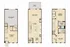 Three-level modern townhouse floor plan with garage, recreation room, kitchen, dining area, family room, two bedrooms, and bathrooms.