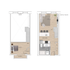 Modern duplex floor plan featuring a bedroom loft over an open-concept living area and a functional kitchen.