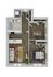 Modern 3D floor plan showcasing a sleek apartment with one bedroom, cozy living room, stylish kitchen with bar seating, and a well-appointed bathroom.