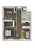 Contemporary 2D floor plan showcasing a cozy 1-bedroom apartment with home office, modern kitchen, inviting living area, and stylish bathroom.