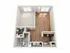 3D floor plan showcasing a single bedroom, open living space, kitchen, and bathroom.